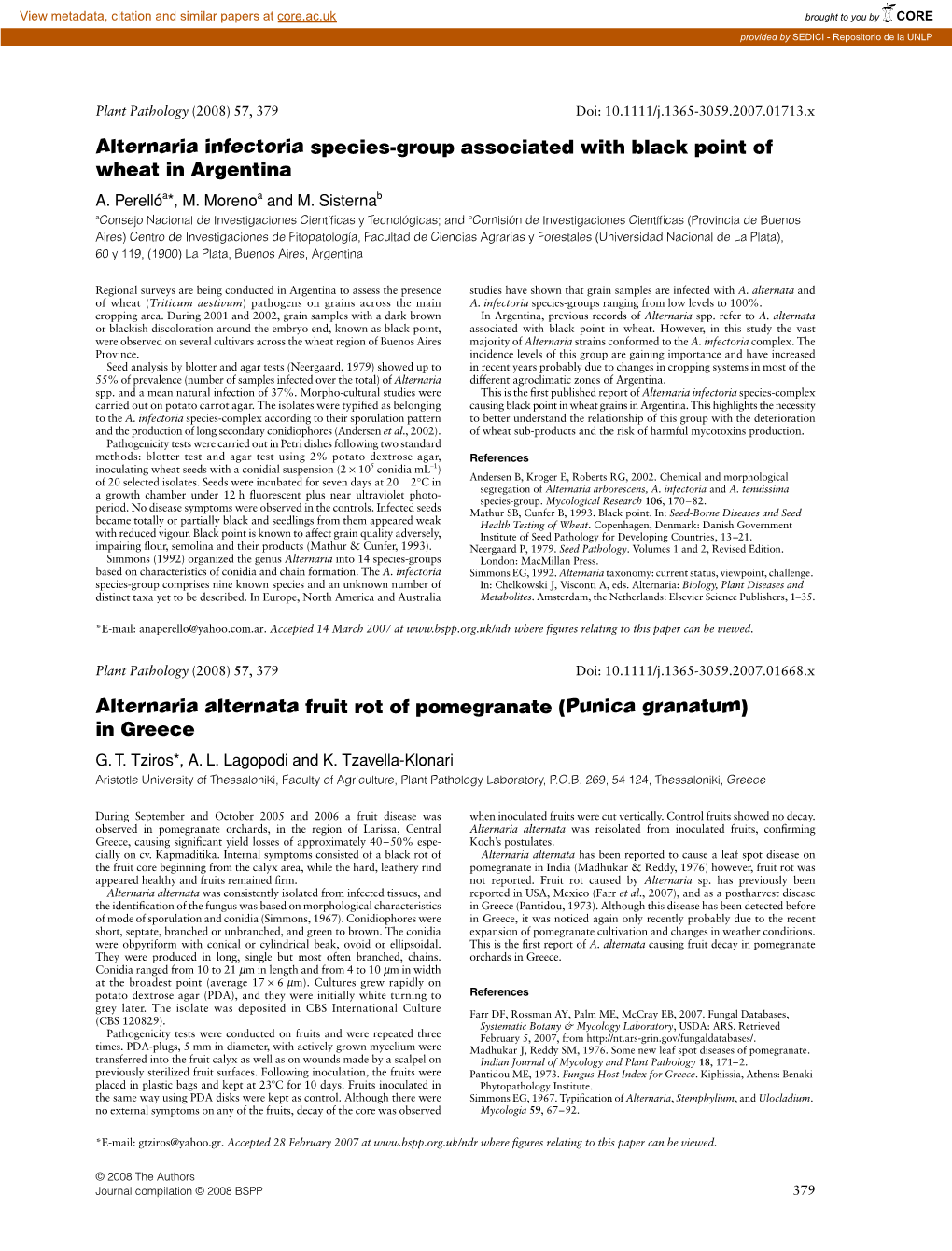 Alternaria Infectoria Species-Group Associated with Black Point of Wheat in Argentina A