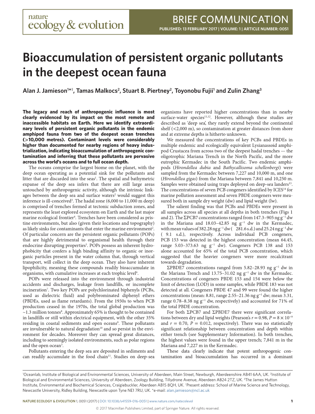 Bioaccumulation of Persistent Organic Pollutants in the Deepest Ocean Fauna