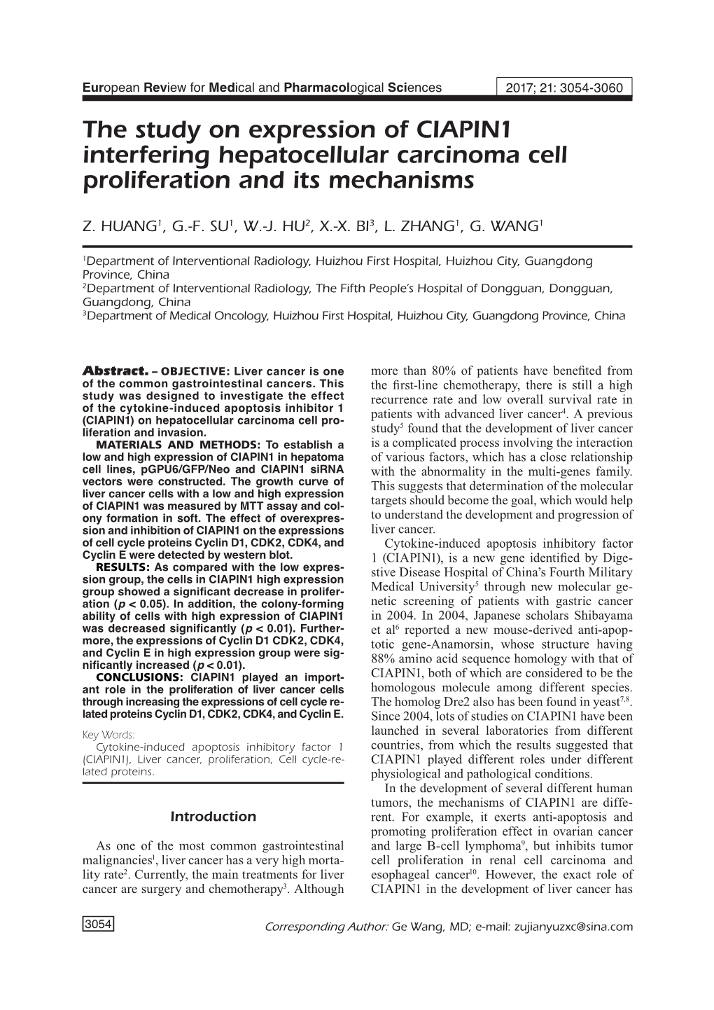 CIAPIN1 Affects Hepatocellular Carcinoma Cell Proliferation Not Been Reported