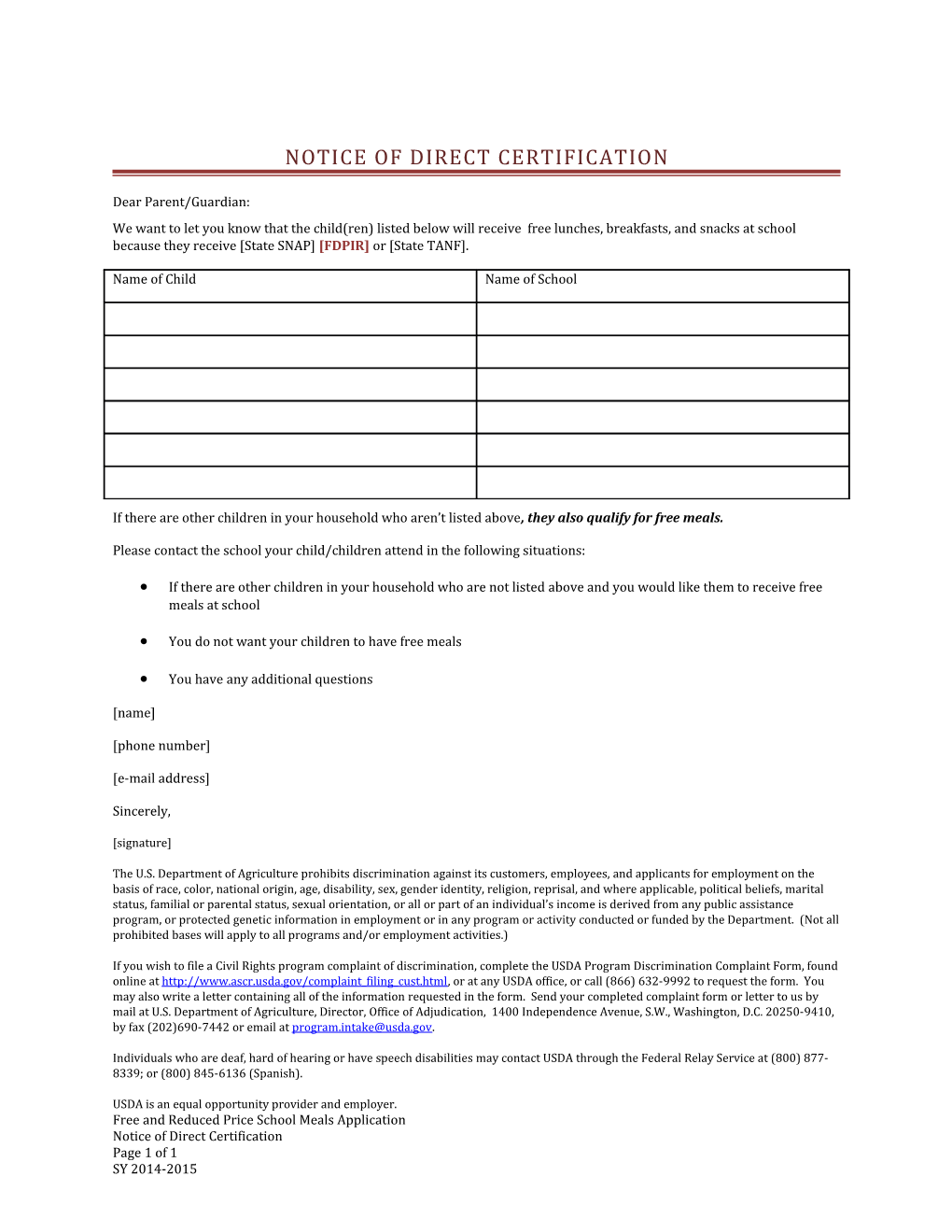 Notice of Direct Certification