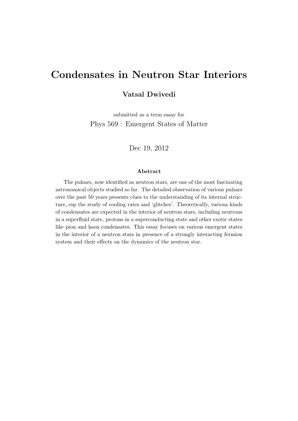 Condensates in Neutron Star Interiors