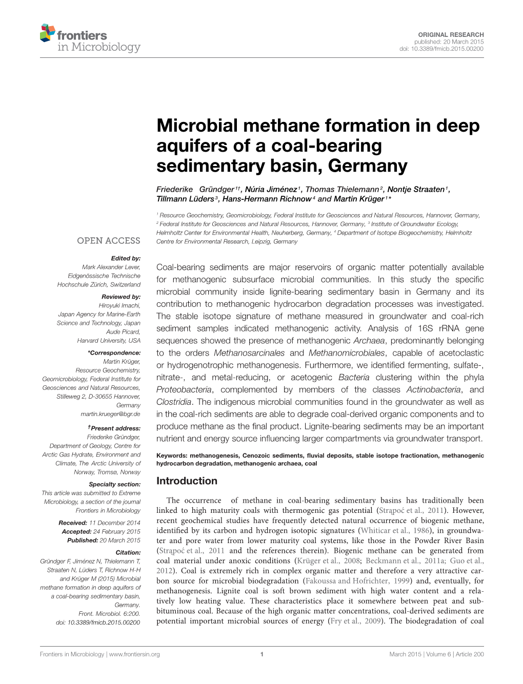 Microbial Methane Formation in Deep Aquifers of a Coal-Bearing Sedimentary Basin, Germany