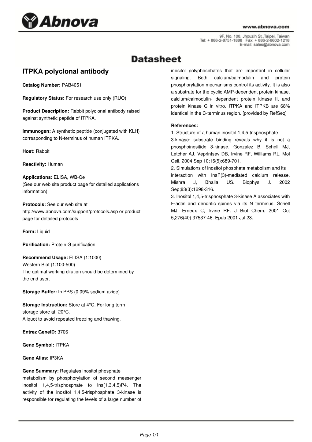 ITPKA Polyclonal Antibody Inositol Polyphosphates That Are Important in Cellular Signaling