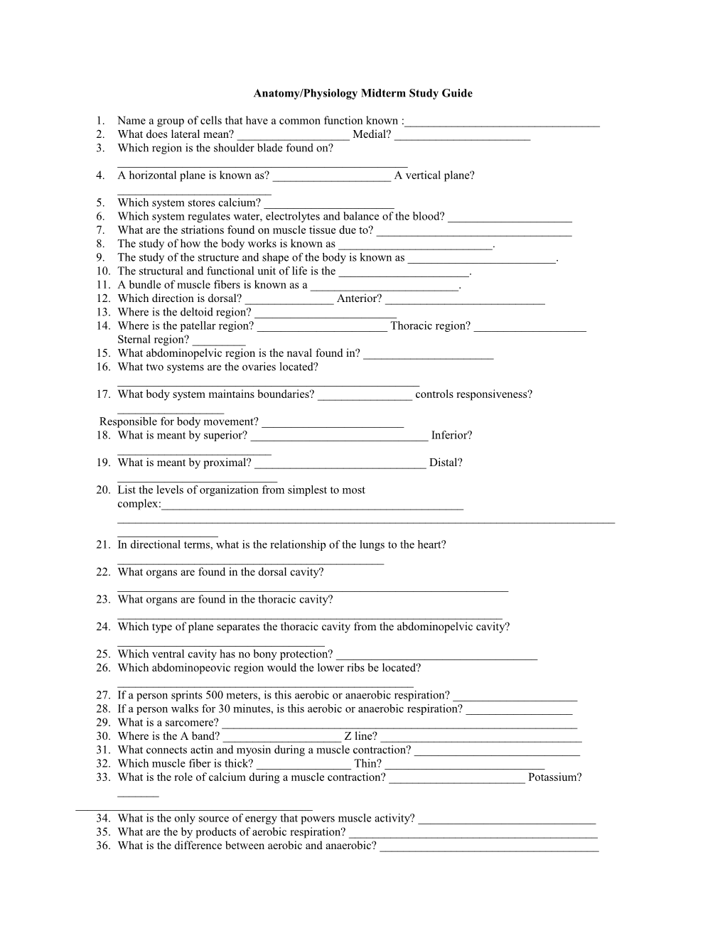 Anatomy/Physiology First Semester Study Guide