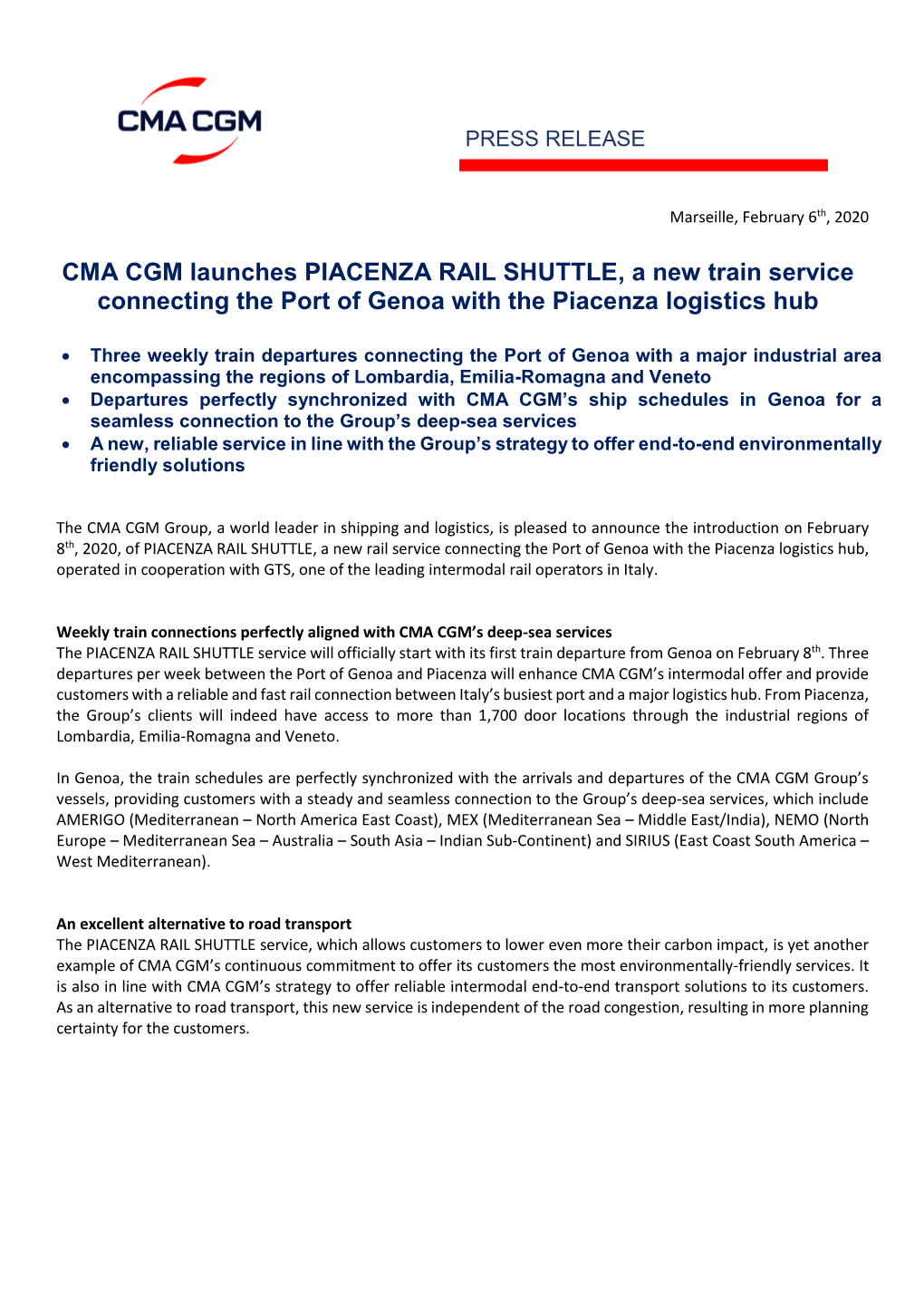 CMA CGM Launches Piacenza Rail Shuttle Connecting Genoa With