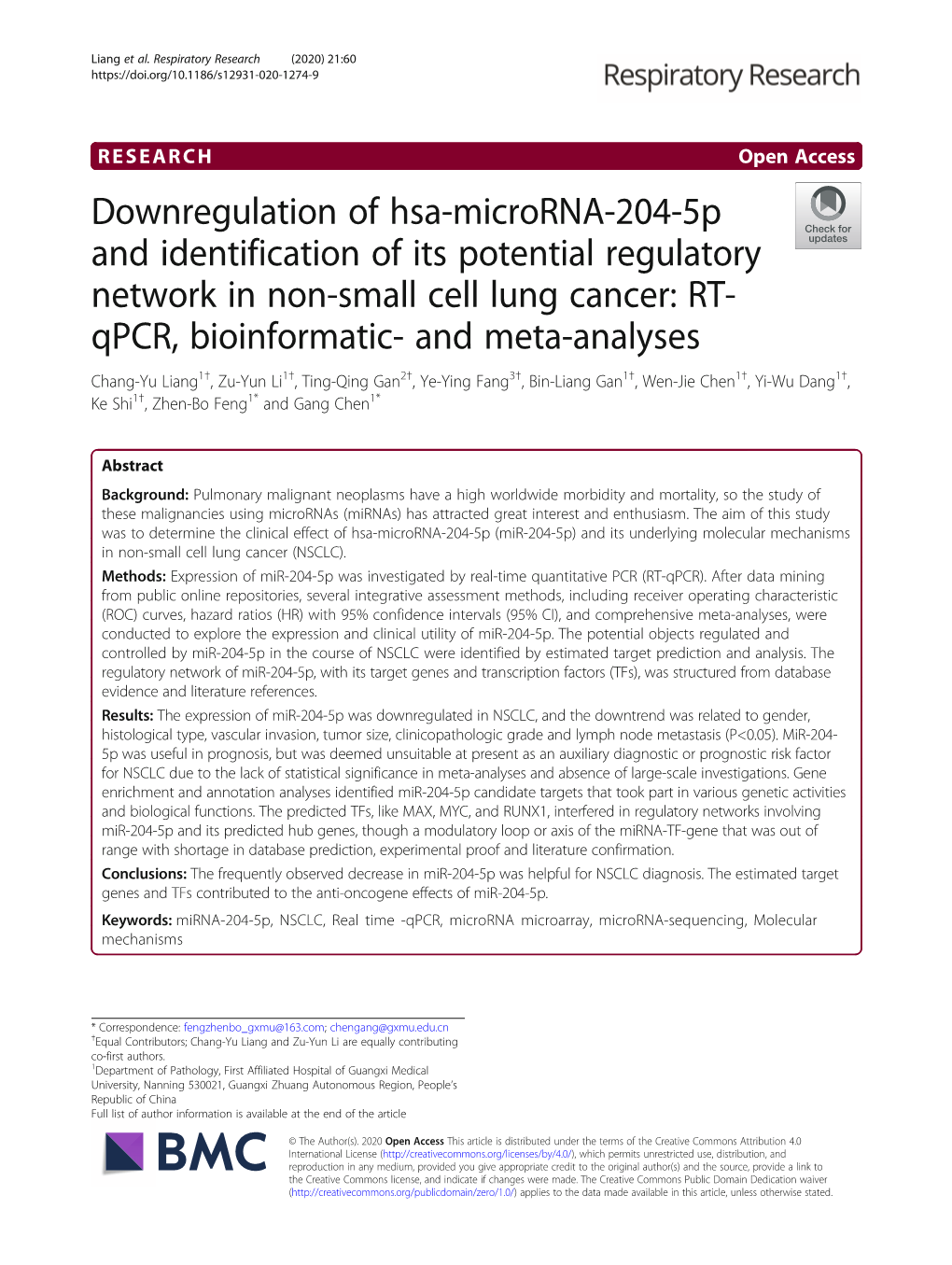 Downregulation of Hsa-Microrna-204-5P and Identification of Its Potential Regulatory Network in Non-Small Cell Lung Cancer: RT-Q