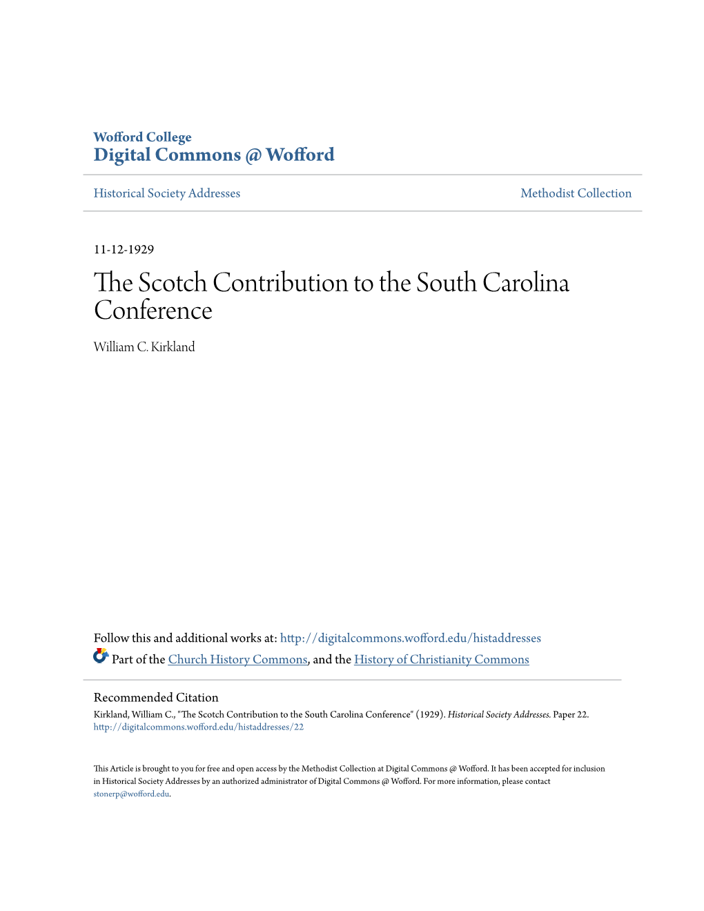 THE SCOTCH CONTRIBUTION to the SOUTH CAROLINA CONFERENCE an Nddrcliii Delivered Before the Hi8toricnl Society of the South Cnrolina Collference, Trinity C Hurch