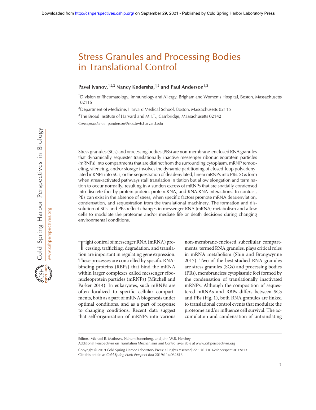 Stress Granules and Processing Bodies in Translational Control