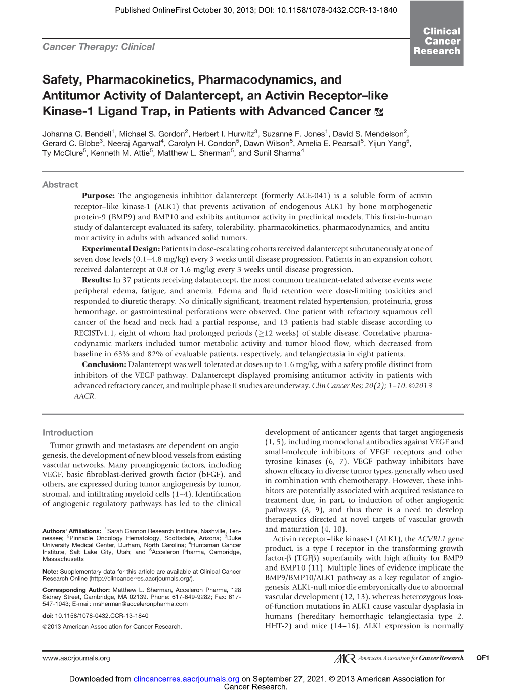 Safety, Pharmacokinetics, Pharmacodynamics, and Antitumor Activity of Dalantercept, an Activin Receptor–Like Kinase-1 Ligand Trap, in Patients with Advanced Cancer