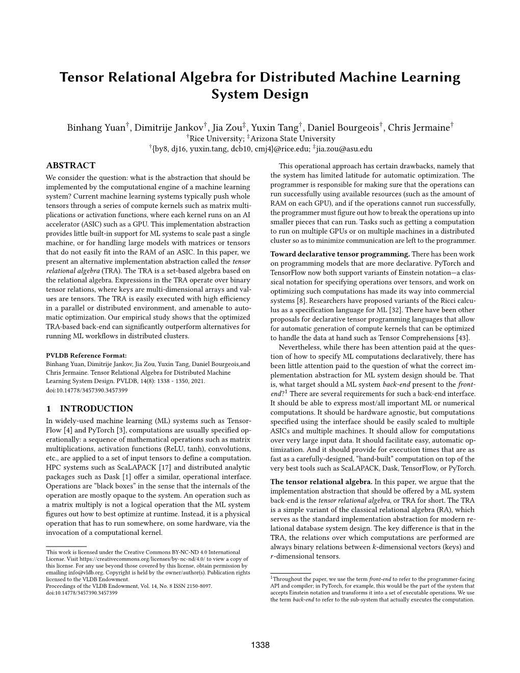 Tensor Relational Algebra for Distributed Machine Learning System Design