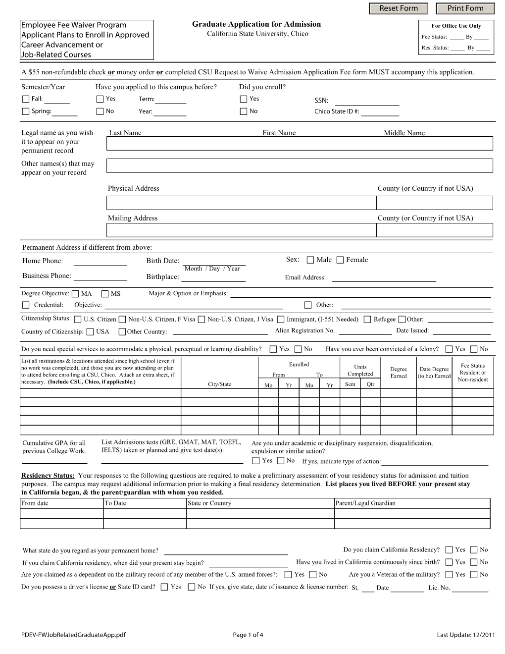 Career Advancement/Job-Related Graduate Admissions Application