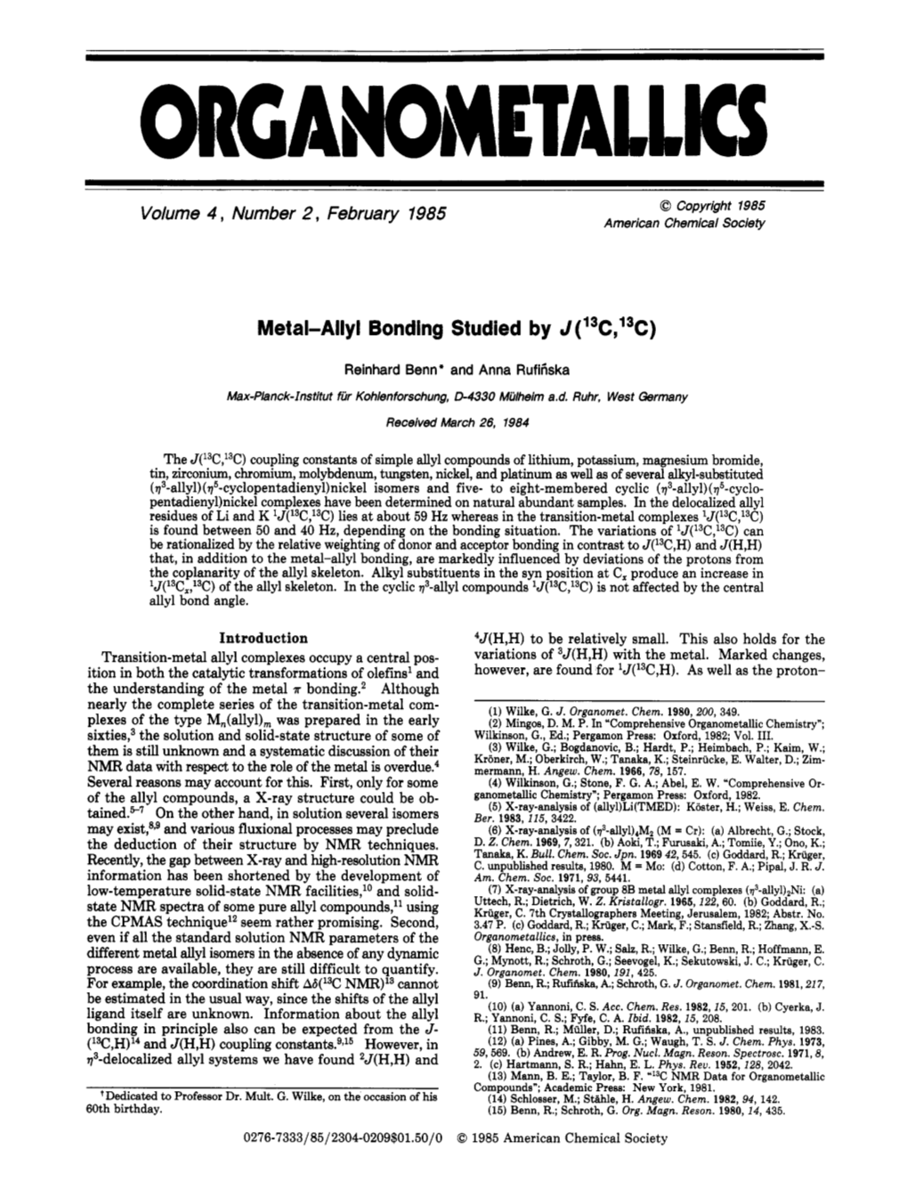 Metal-Allyl Bonding Studied by J( 13 C, 13C )