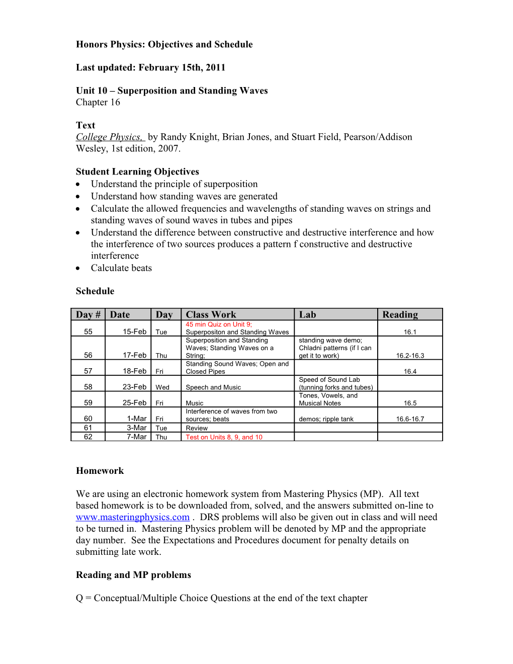 Honors Physics: Objectives and Schedule