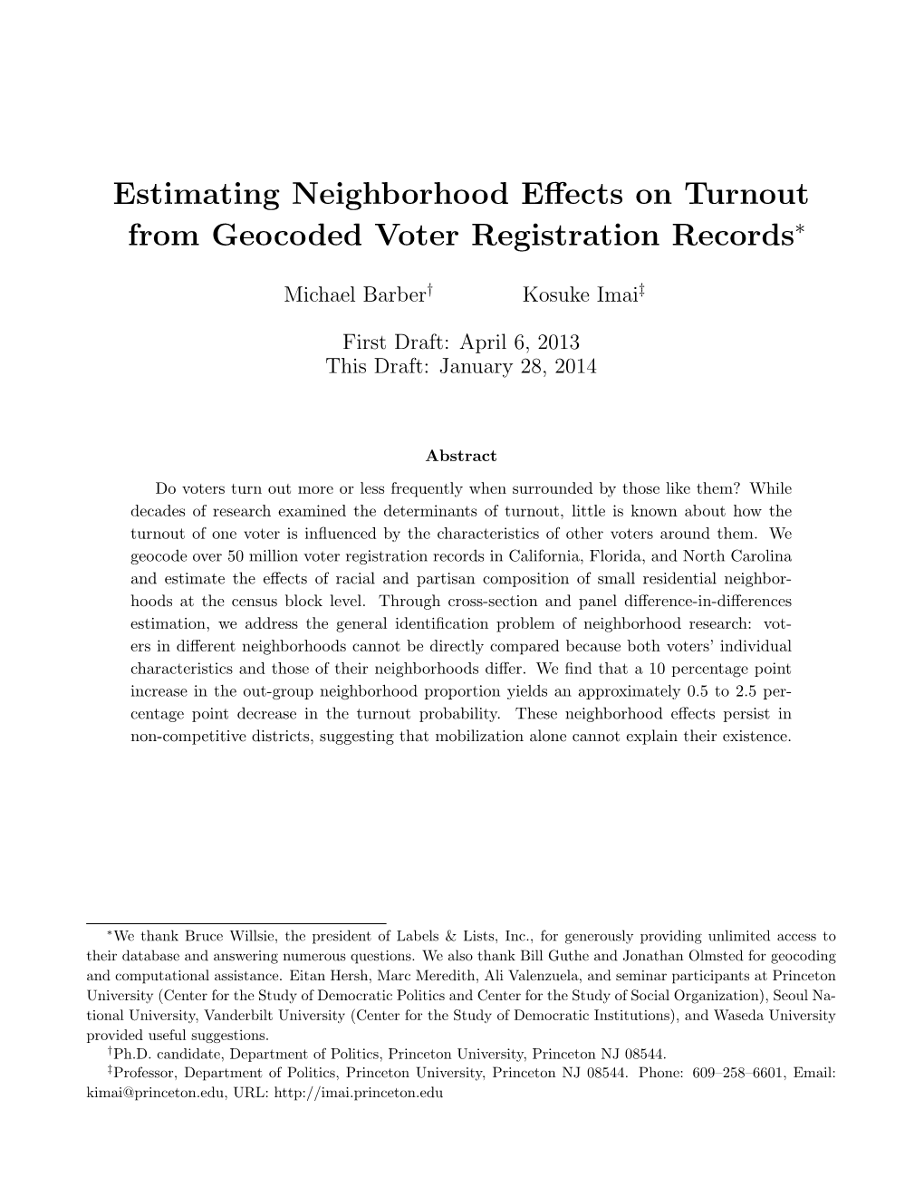 Estimating Neighborhood Effects on Turnout from Geocoded Voter Registration Records