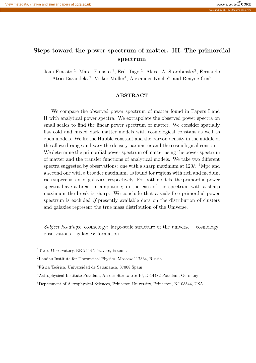 Steps Toward the Power Spectrum of Matter. III. the Primordial Spectrum