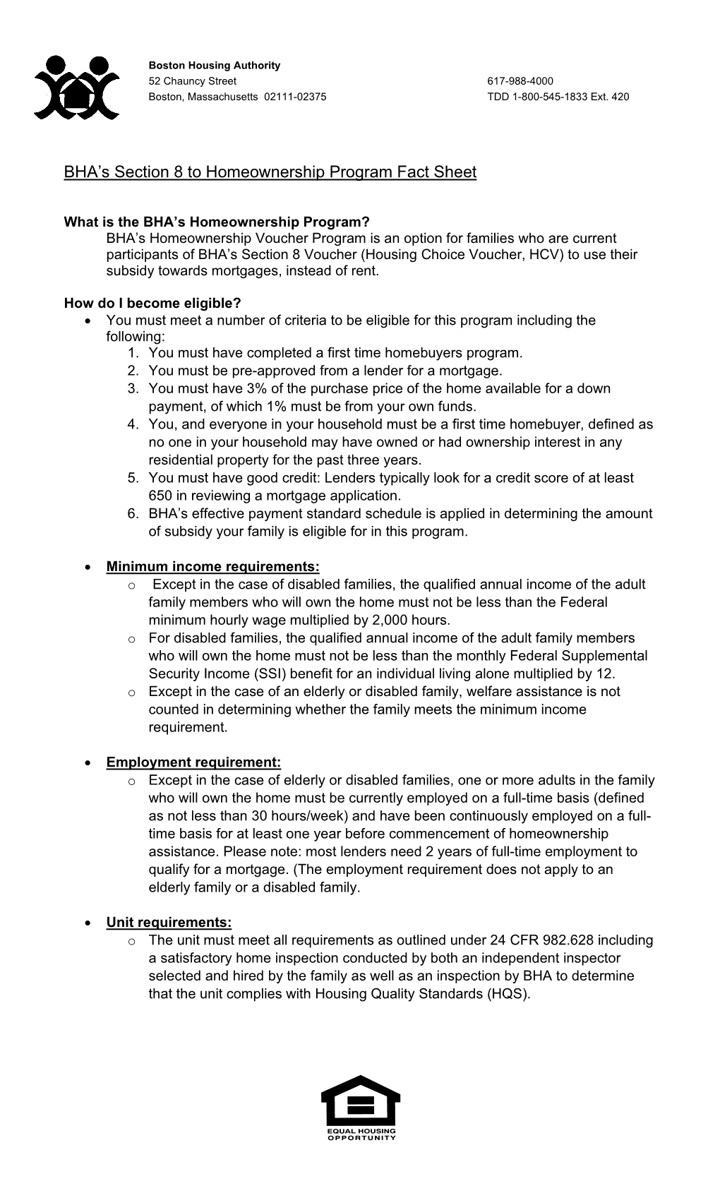 BHA's Section 8 to Homeownership Program Fact Sheet