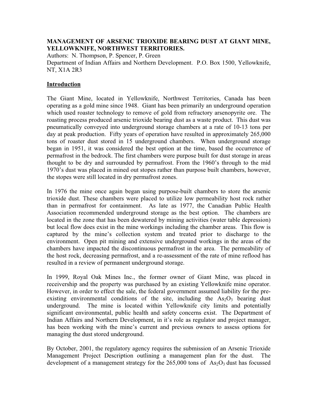 Management of Arsenic Trioxide Bearing Dust at Giant Mine, Yellowknife, Northwest Territories