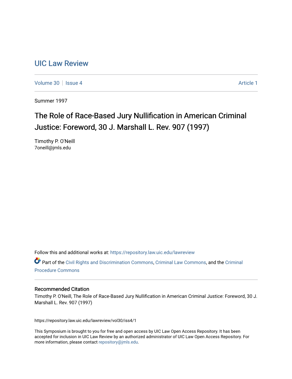 The Role of Race-Based Jury Nullification in American Criminal Justice: Foreword, 30 J
