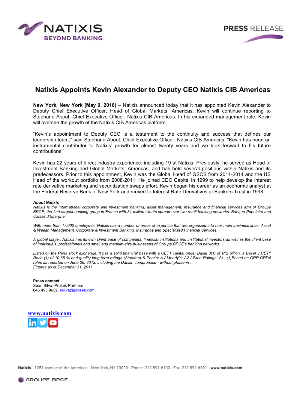 Natixis Appoints Kevin Alexander to Deputy CEO Natixis CIB Americas