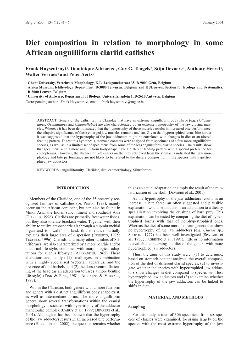 Diet Composition in Relation to Morphology in Some African Anguilliform Clariid Catﬁshes