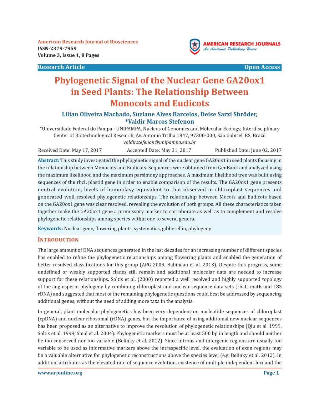 Phylogenetic Signal of the Nuclear Gene Ga20ox1 in Seed Plants: the Relationship Between Monocots and Eudicots