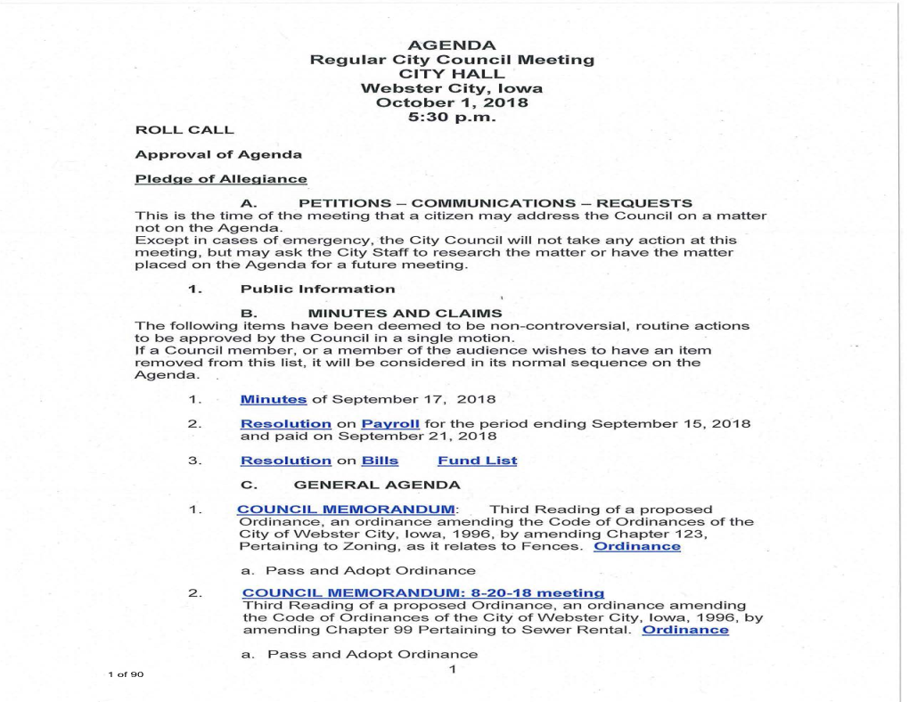 AGENDA Regular City Council Meeting CITY HALL Webster City, Iowa October 1, 2018 5:30P.M