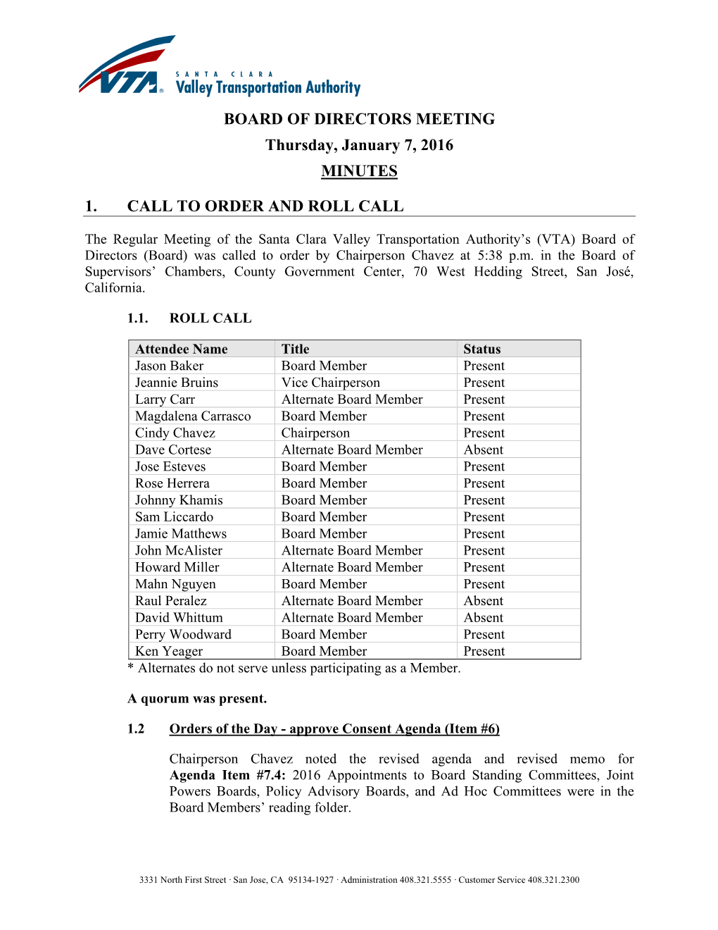 BOARD of DIRECTORS MEETING Thursday, January 7, 2016 MINUTES