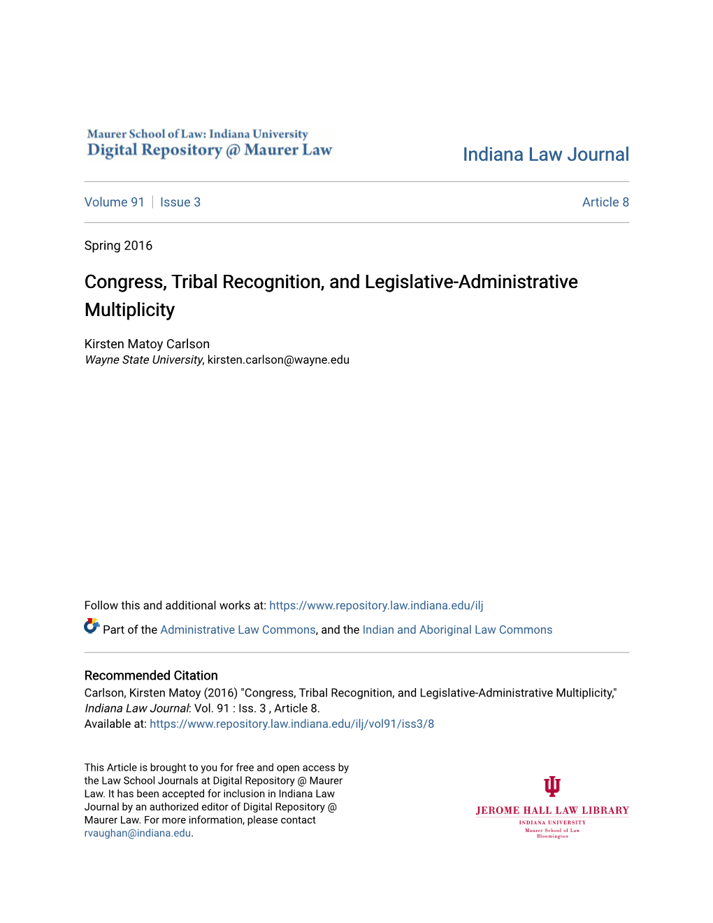 Congress, Tribal Recognition, and Legislative-Administrative Multiplicity