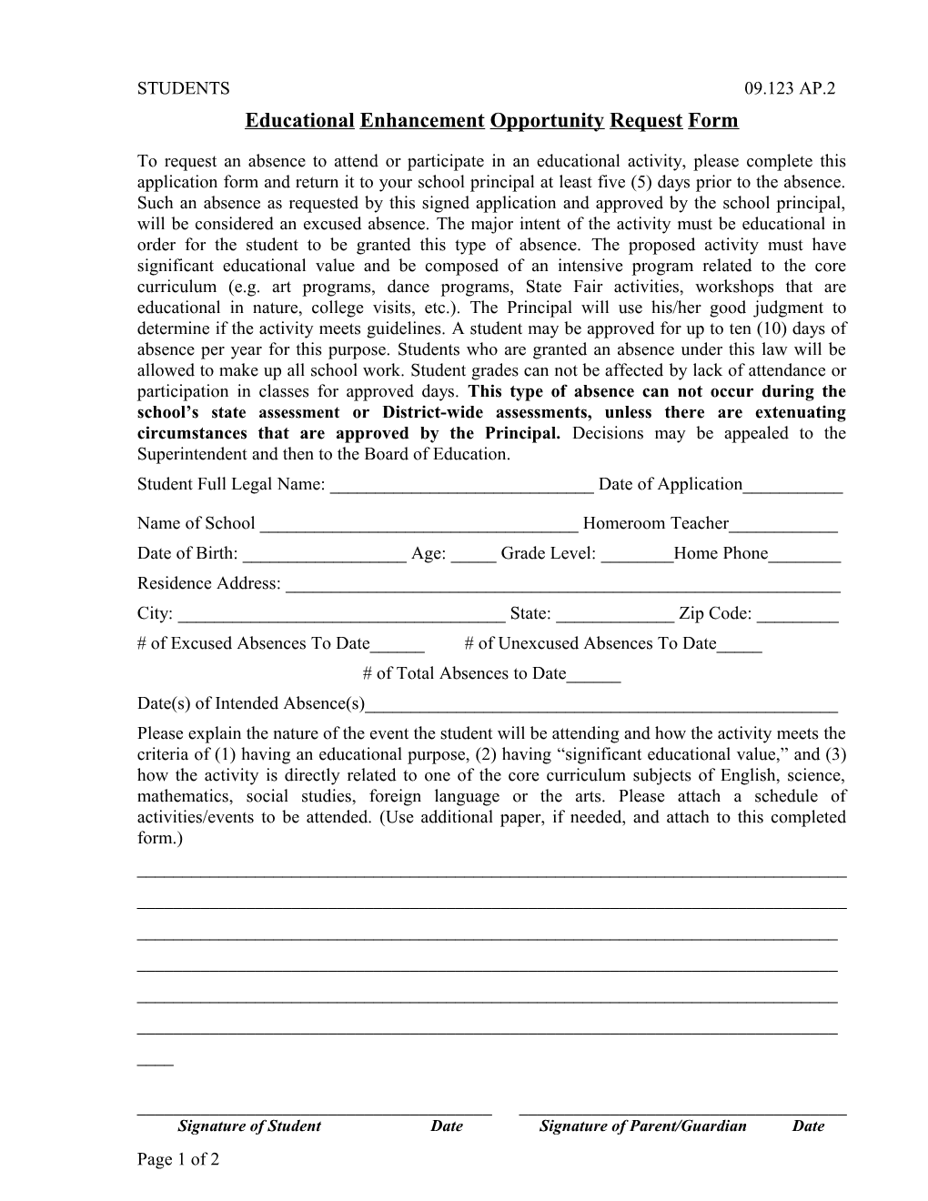 Educational Enhancement Opportunity Request Form