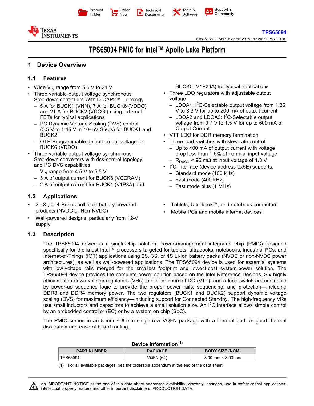 TPS65094 PMIC for Intel™ Apollo Lake Platform