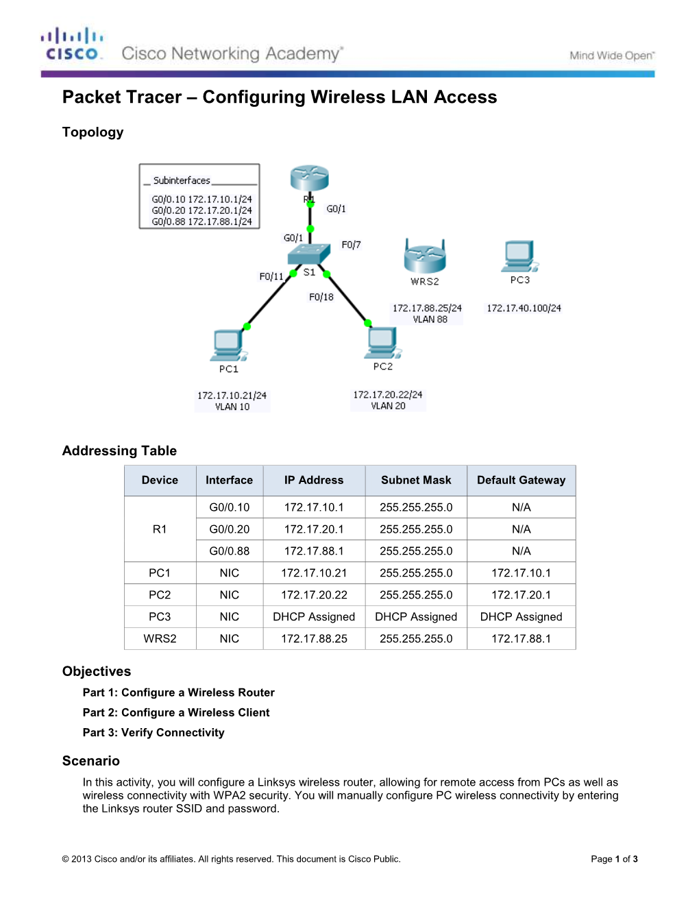 Packet Tracer – Configuring Wireless LAN Access