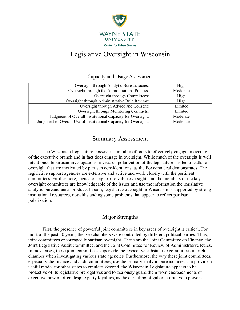 Legislative Oversight in Wisconsin