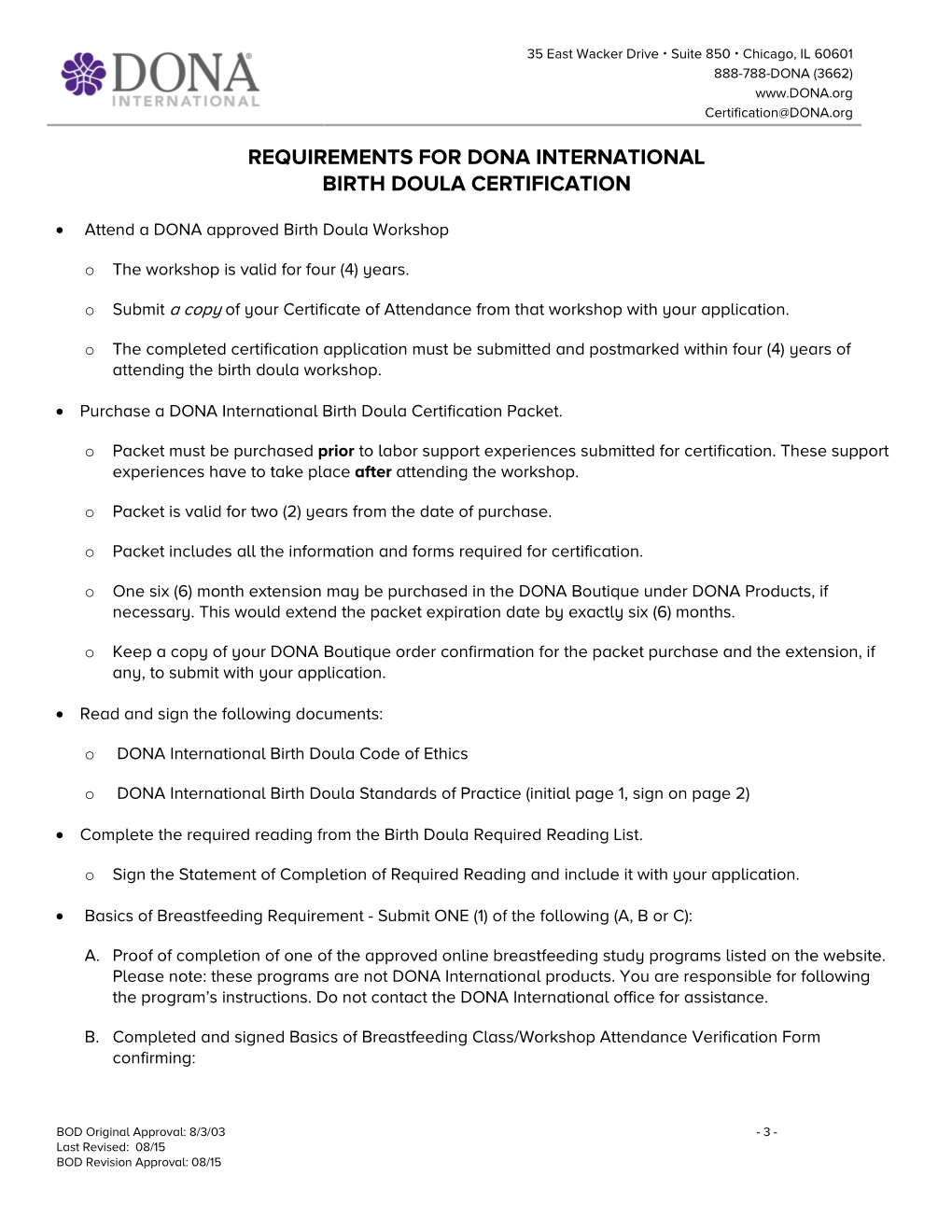 Requirements for Dona International Birth Doula Certification