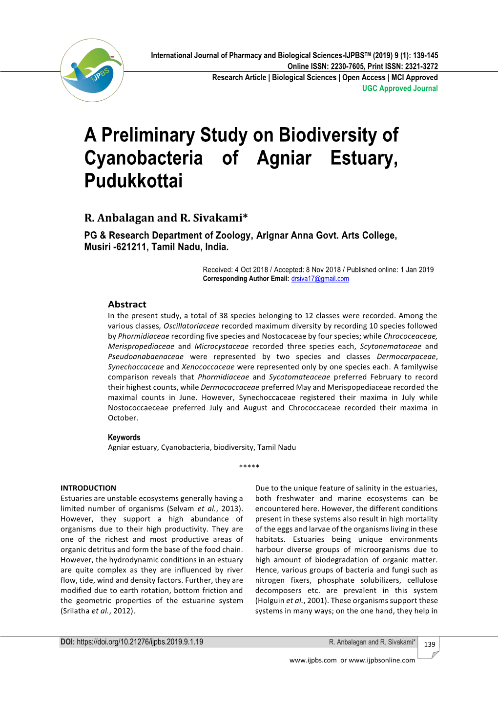 A Preliminary Study on Biodiversity of Cyanobacteria of Agniar Estuary, Pudukkottai