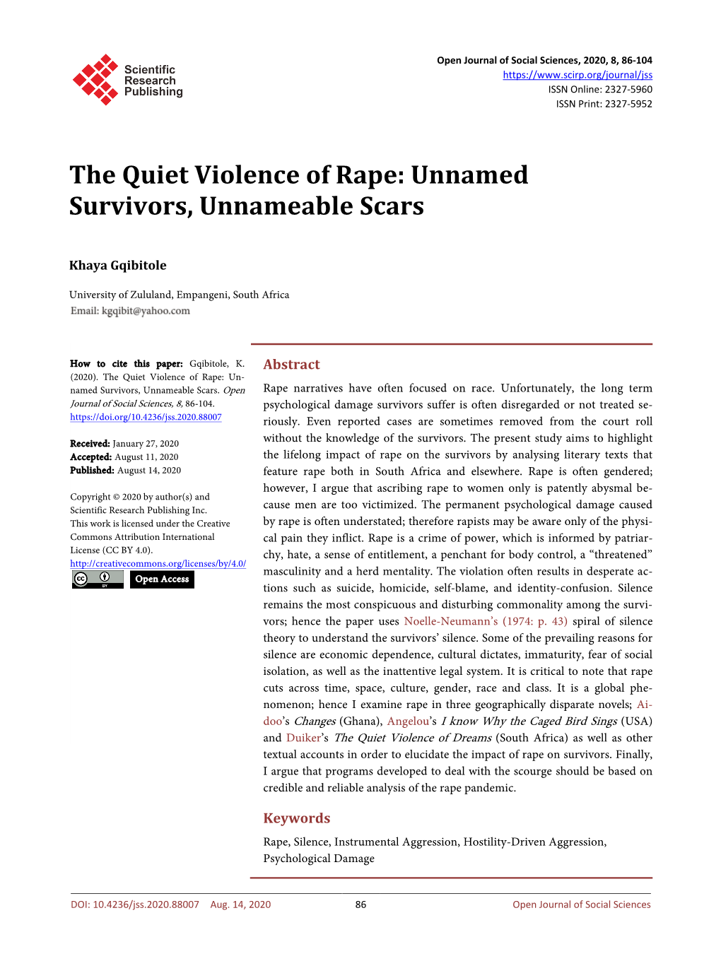 The Quiet Violence of Rape: Unnamed Survivors, Unnameable Scars
