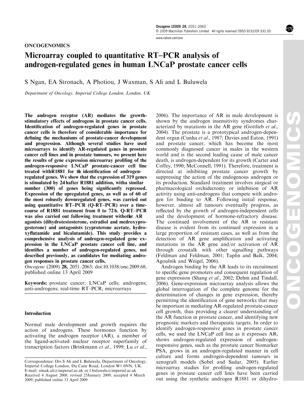 PCR Analysis of Androgen-Regulated Genes in Human Lncap Prostate Cancer Cells