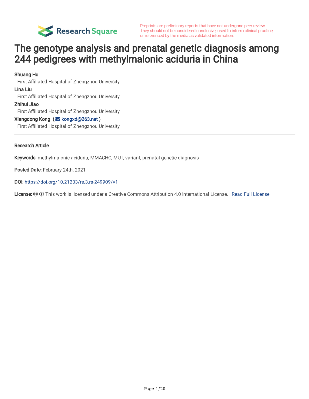 The Genotype Analysis and Prenatal Genetic Diagnosis Among 244 Pedigrees with Methylmalonic Aciduria in China