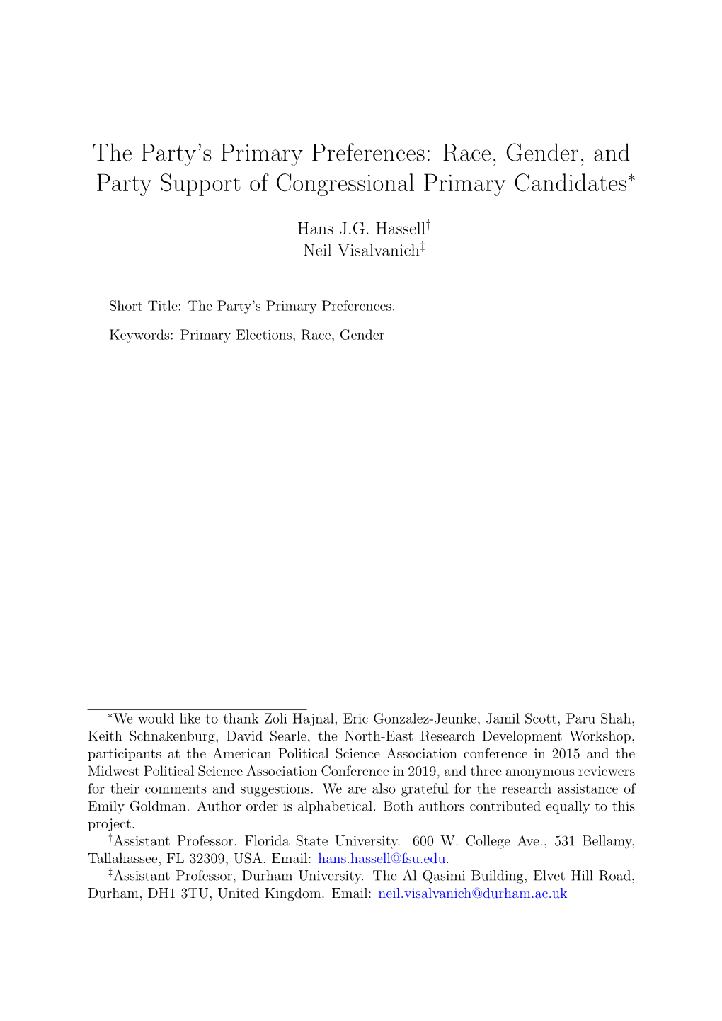 Race, Gender, and Party Support of Congressional Primary Candidates∗