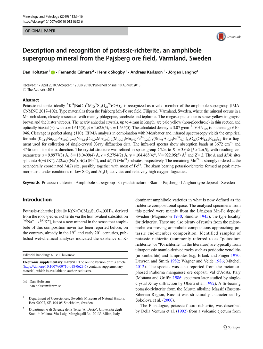 Description and Recognition of Potassic-Richterite, an Amphibole Supergroup Mineral from the Pajsberg Ore Field, Värmland, Sweden