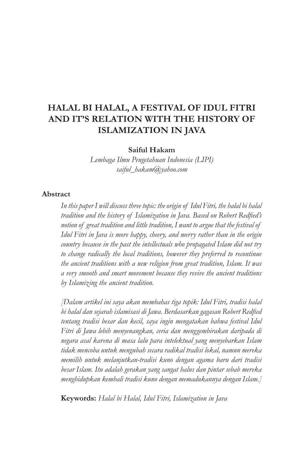Halal Bi Halal, a Festival of Idul Fitri and It's Relation