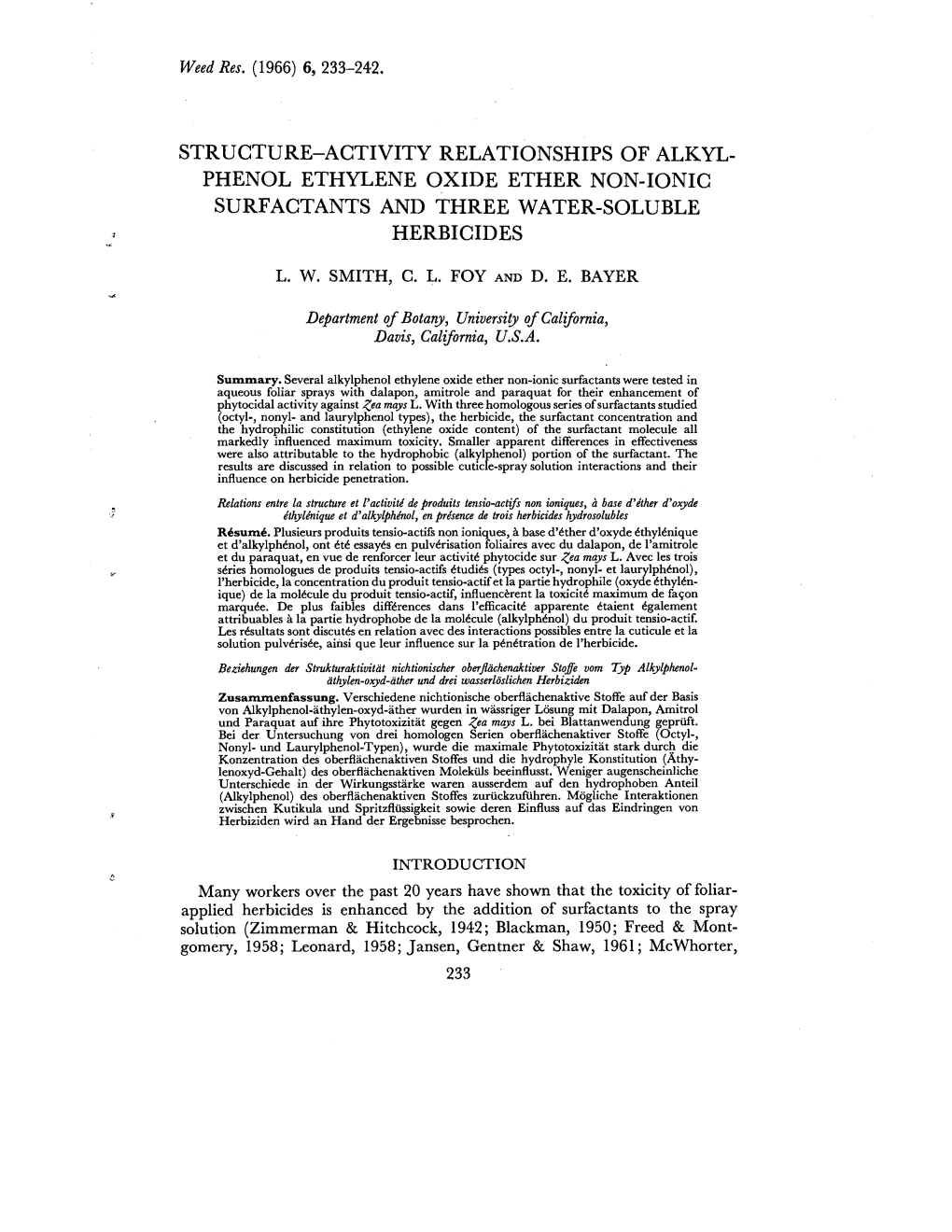 Phenol Ethylene Oxide Ether Non-Ionic Surfactants and Three Water-Soluble Herbicides