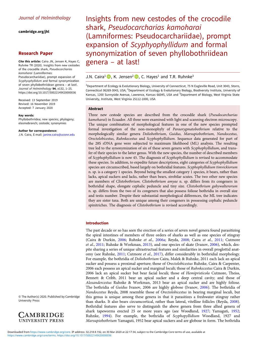 Insights from New Cestodes of the Crocodile Shark, Pseudocarcharias