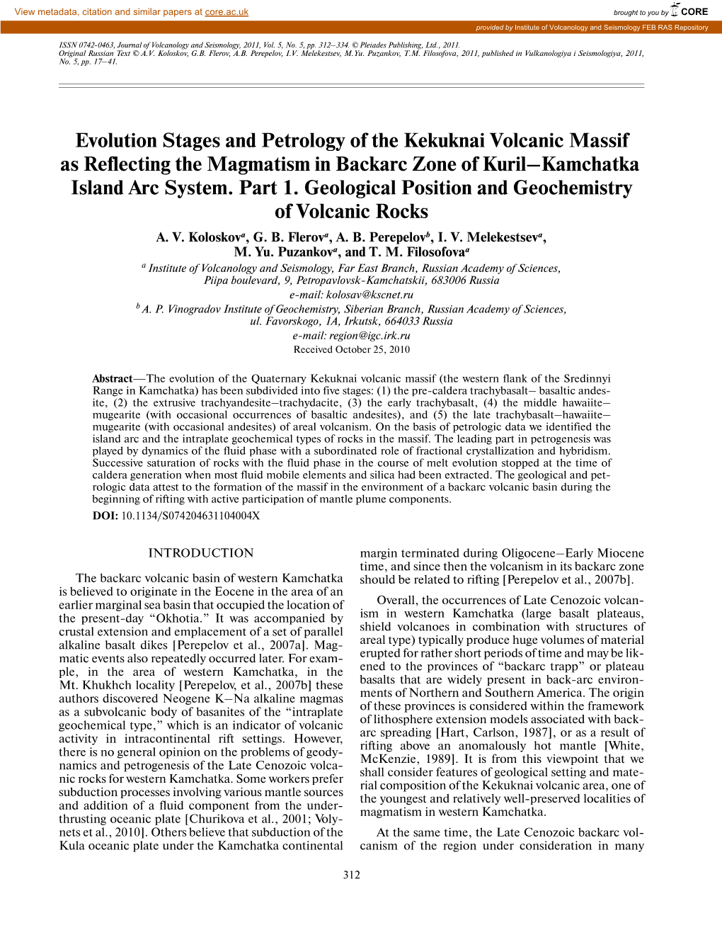 Evolution Stages and Petrology of the Kekuknai Volcanic Massif As Reflecting the Magmatism in Backarc Zone of Kuril–Kamchatka Island Arc System