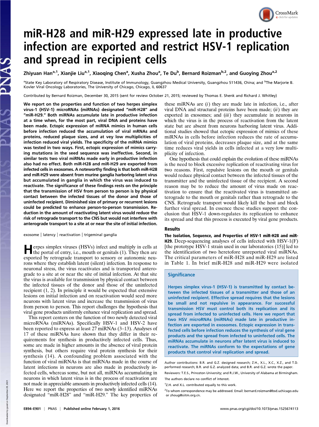 Mir-H28 and Mir-H29 Expressed Late in Productive Infection Are Exported and Restrict HSV-1 Replication and Spread in Recipient Cells