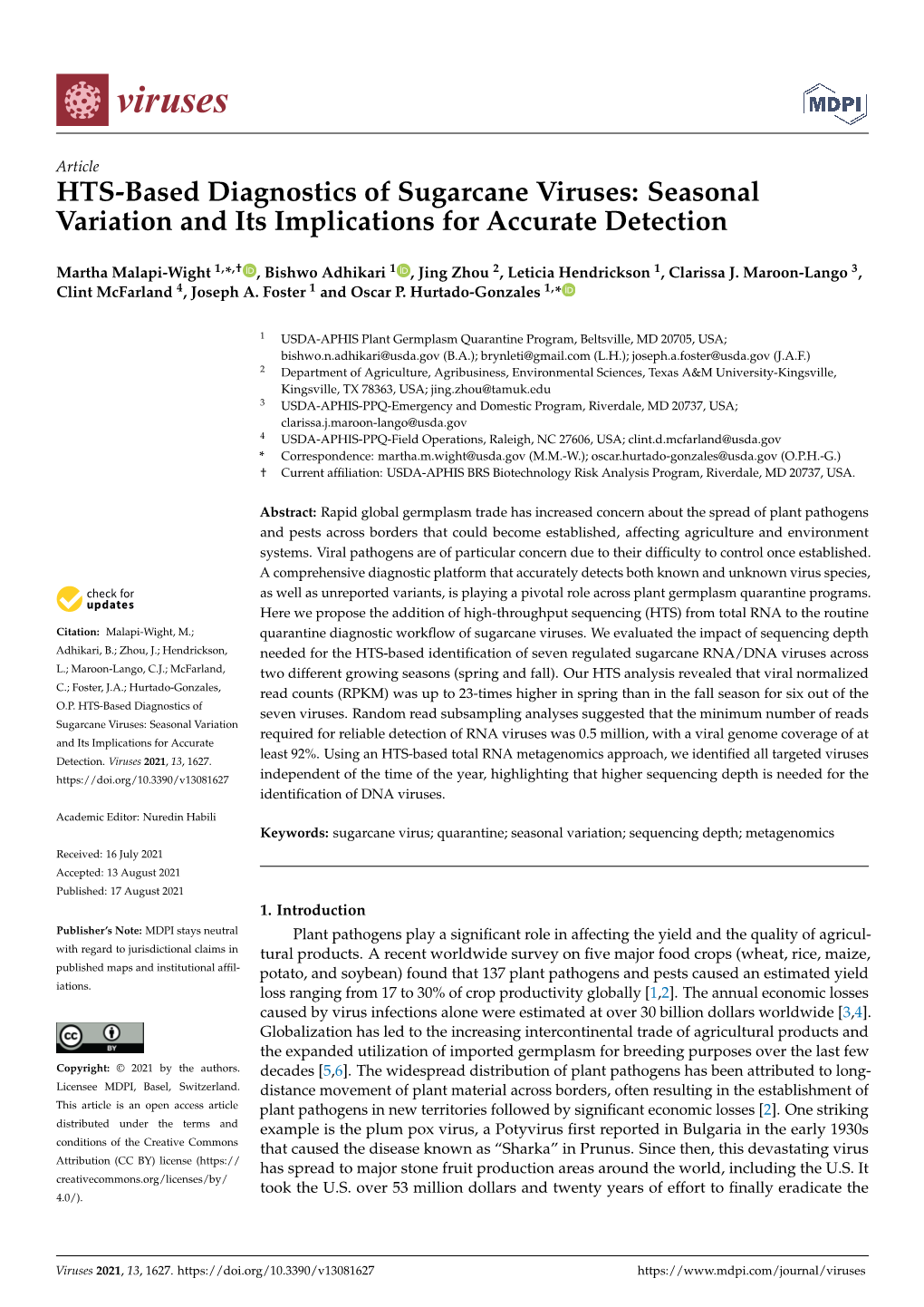 HTS-Based Diagnostics of Sugarcane Viruses: Seasonal Variation and Its Implications for Accurate Detection