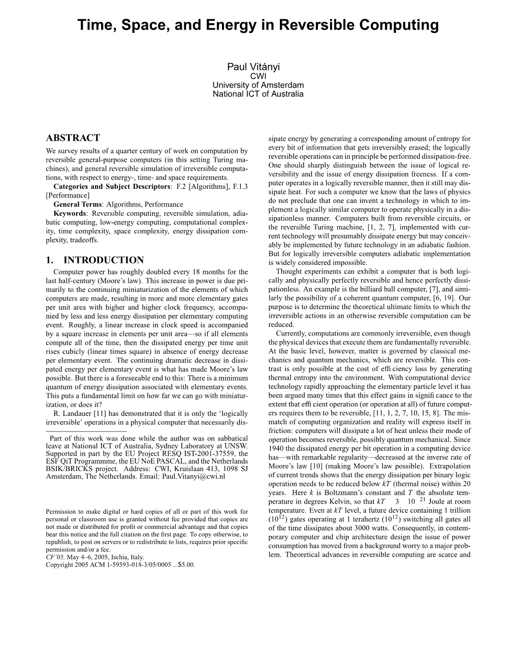 Time, Space, and Energy in Reversible Computing