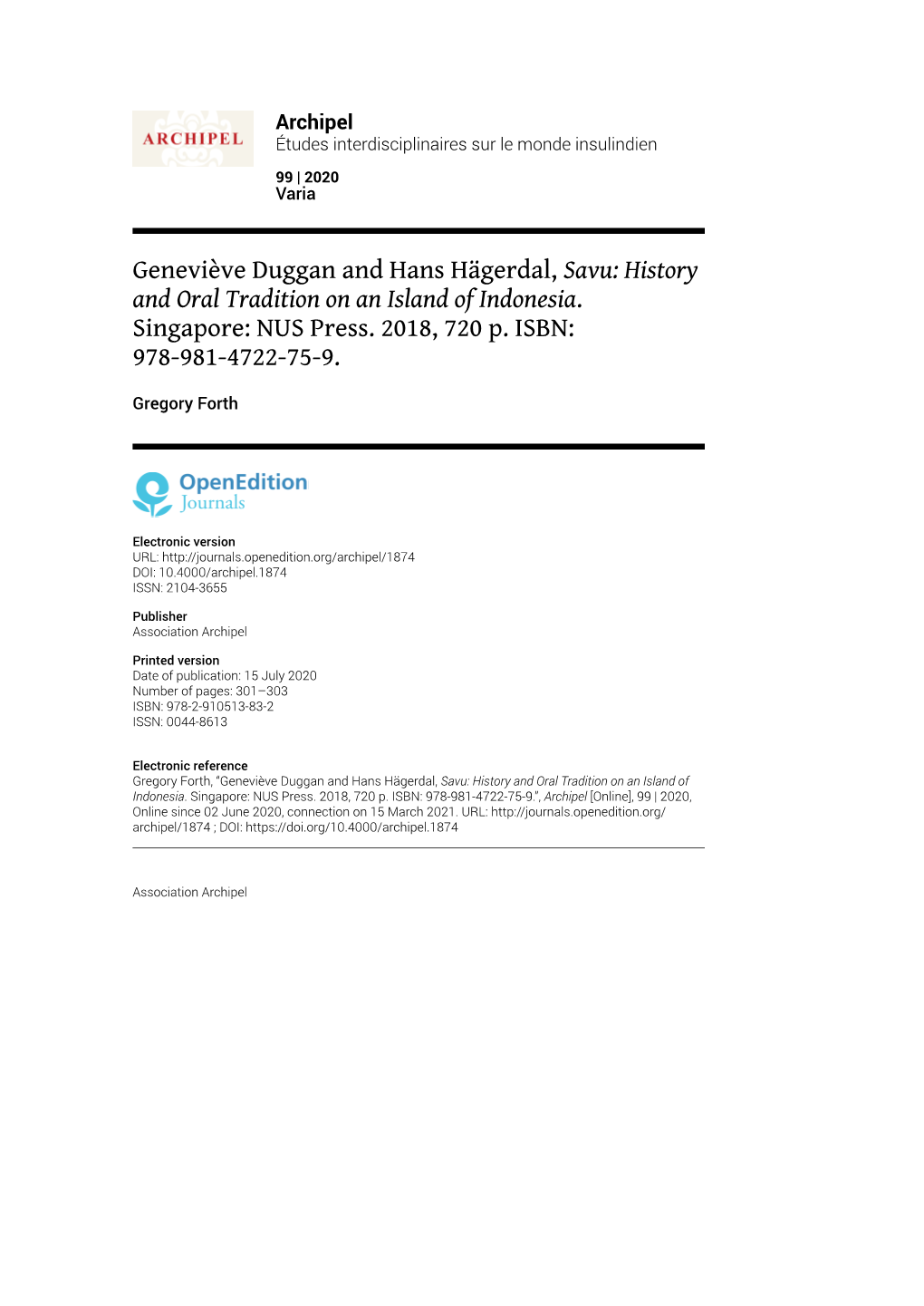 Geneviève Duggan and Hans Hägerdal, Savu: History and Oral Tradition on an Island of Indonesia