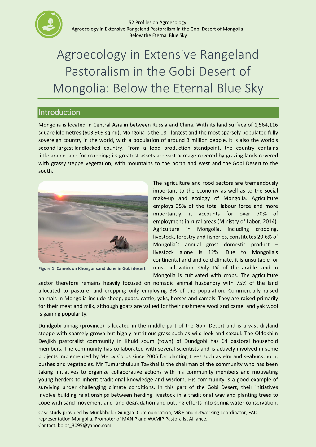 Agroecology in Extensive Rangeland Pastoralism in the Gobi Desert of Mongolia: Below the Eternal Blue Sky