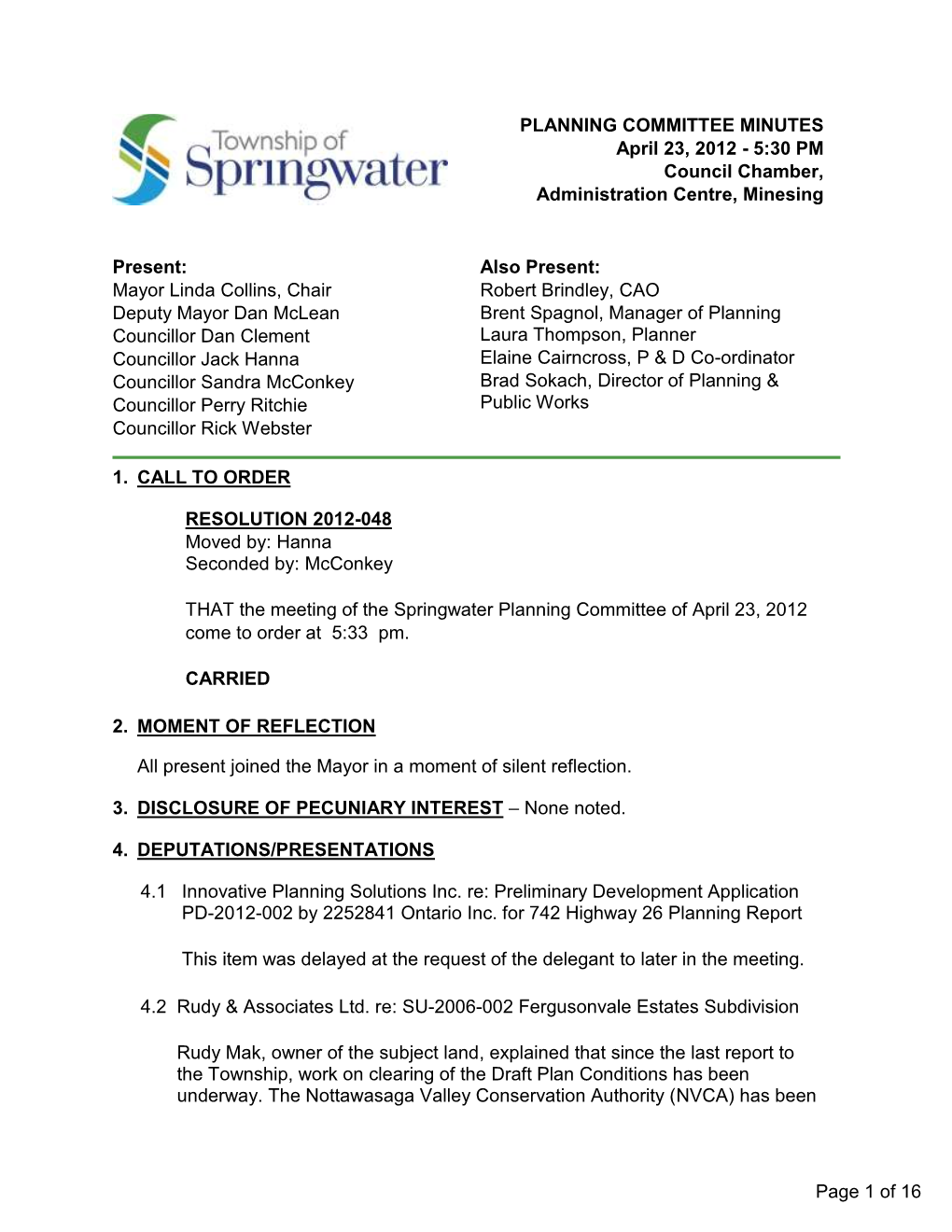 PLANNING COMMITTEE MINUTES April 23, 2012 - 5:30 PM Council Chamber, Administration Centre, Minesing