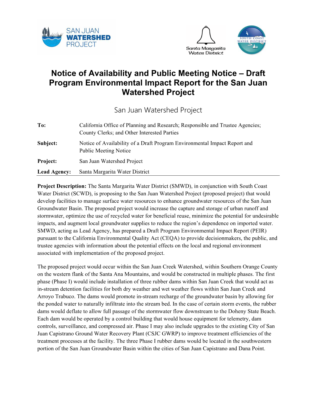 Notice of Availability and Public Meeting Notice – Draft Program Environmental Impact Report for the San Juan Watershed Project